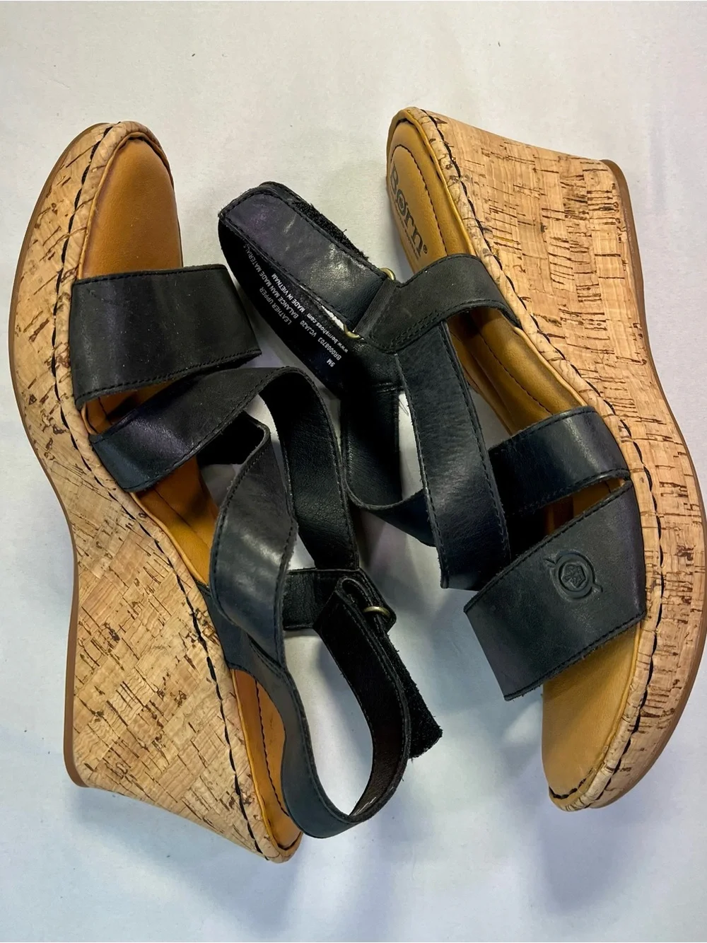 Børn Black Leather Cork Wedge Sandals Adjustable Straps Platform - 9